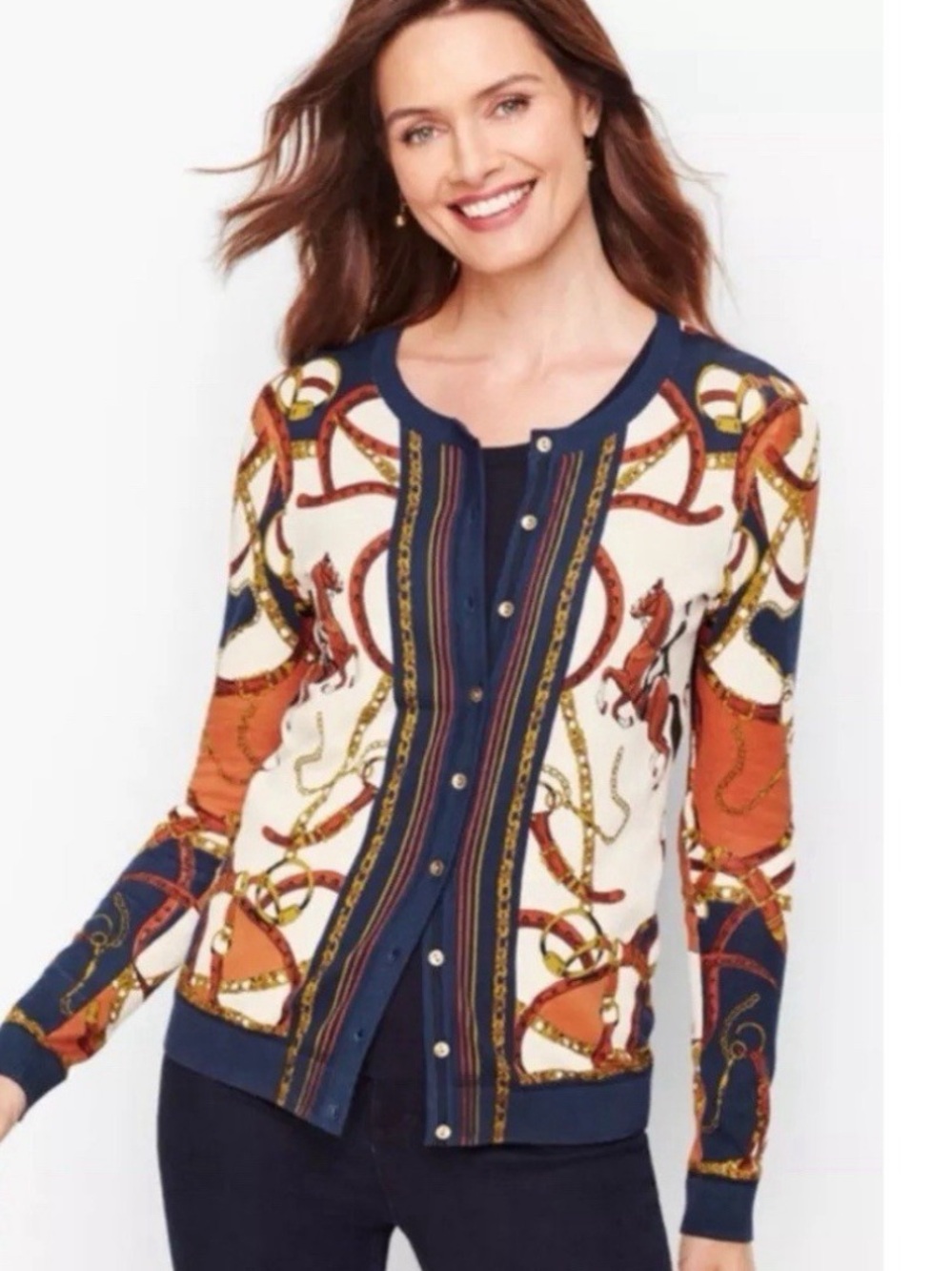 Talbots Equestrian art deco Button-Front Crewneck Sweater cream blue size medium